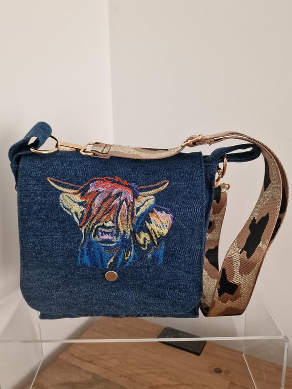 Handmade upcycled denim Highland cow crossbody bag