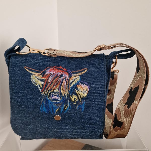 Handmade upcycled denim Highland cow crossbody bag