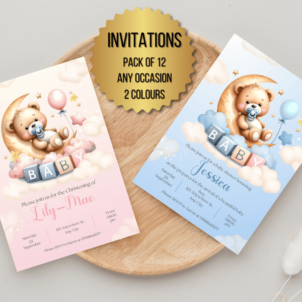 Pack of 12 any occasion invitation baby birthday christening shower gender revea