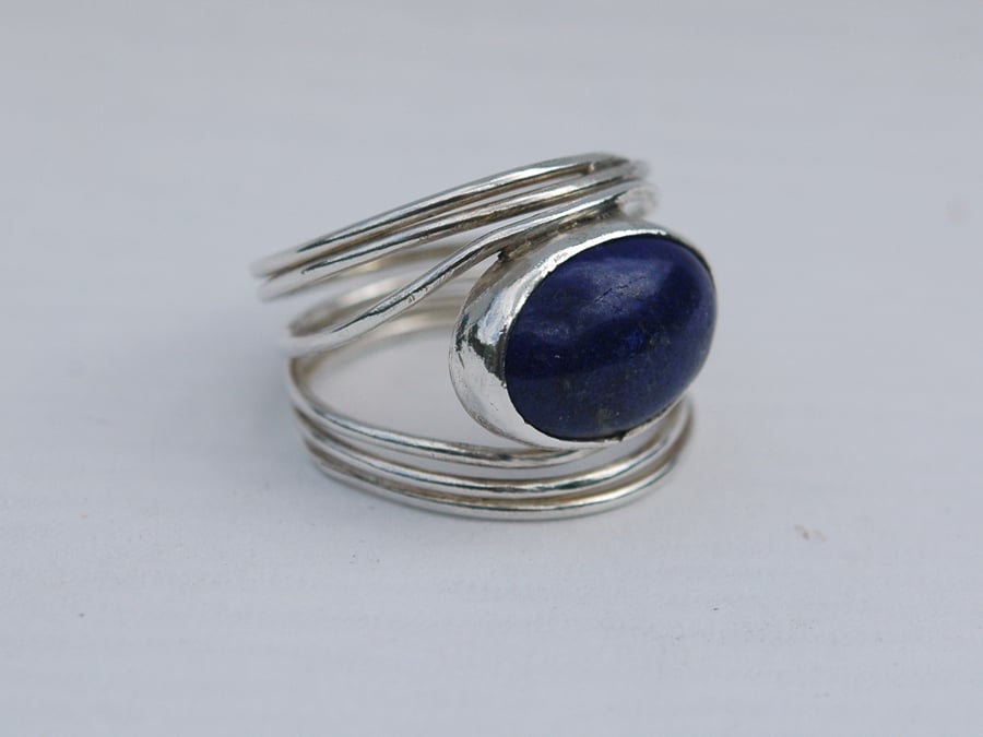 Sterling Silver Ring, Wire-wrapped with Lapis lazuli Gemstone, R107