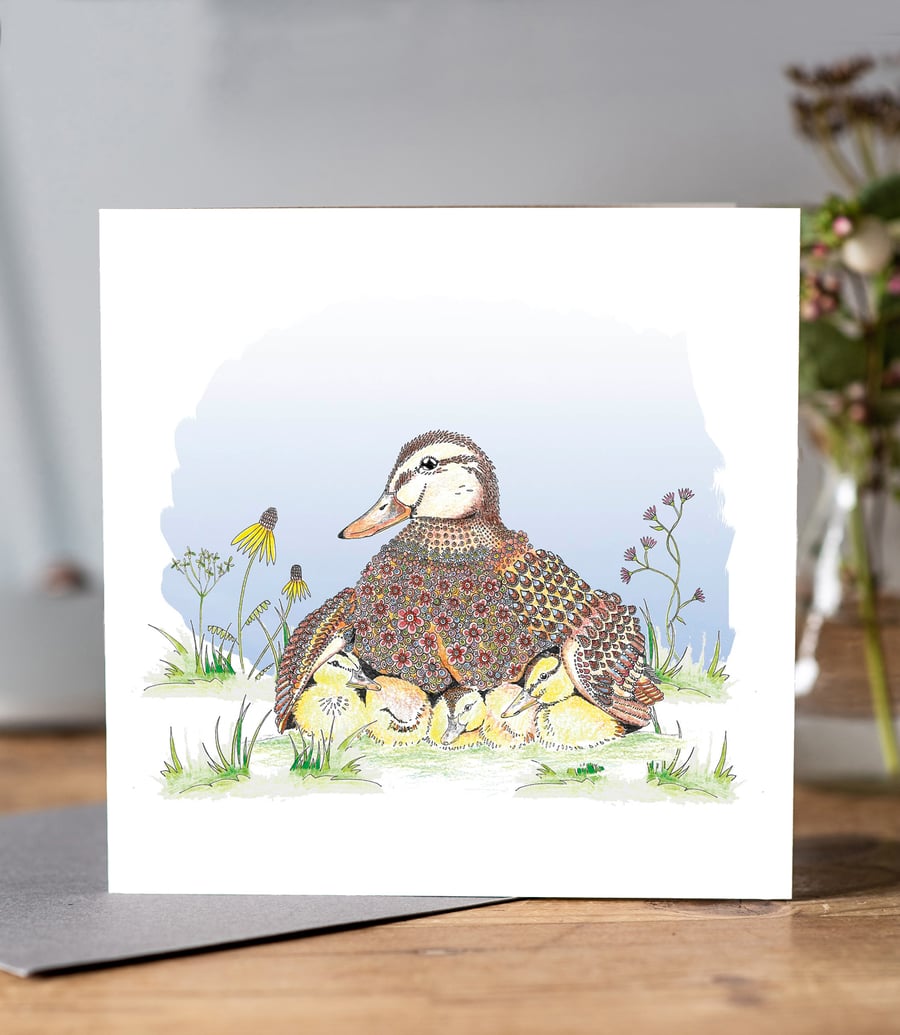 Female duck and chicks greeting card (blank) 