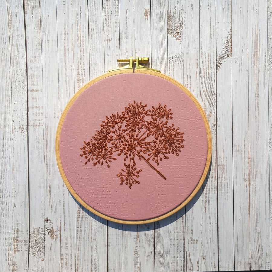Autumn embroidery art. Wildflower seed head, 6.5”