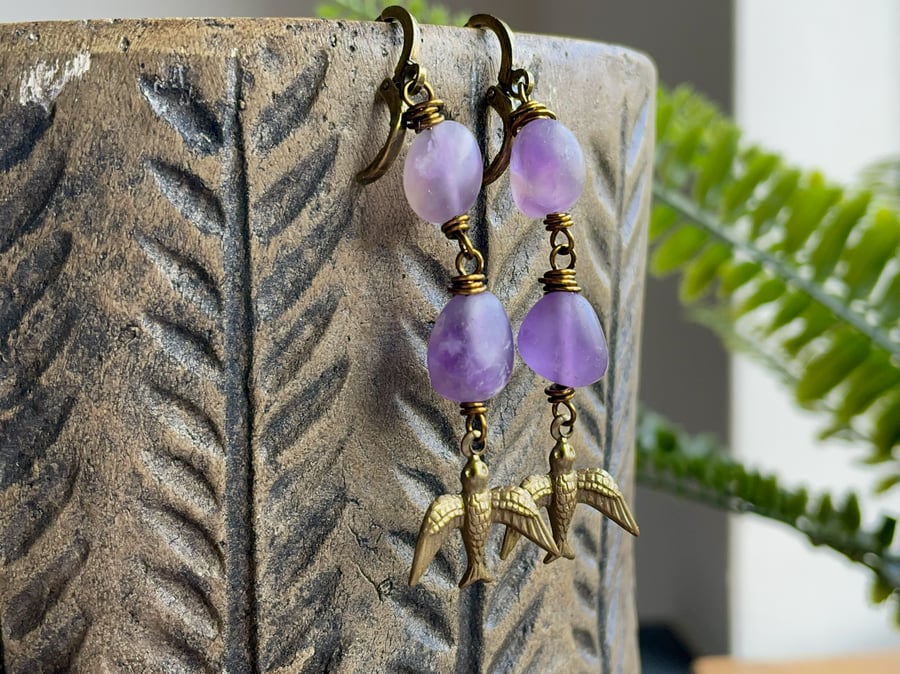 Bohemian Amethyst Purple Stone Earrings with Vintaj Brass Bird Charms
