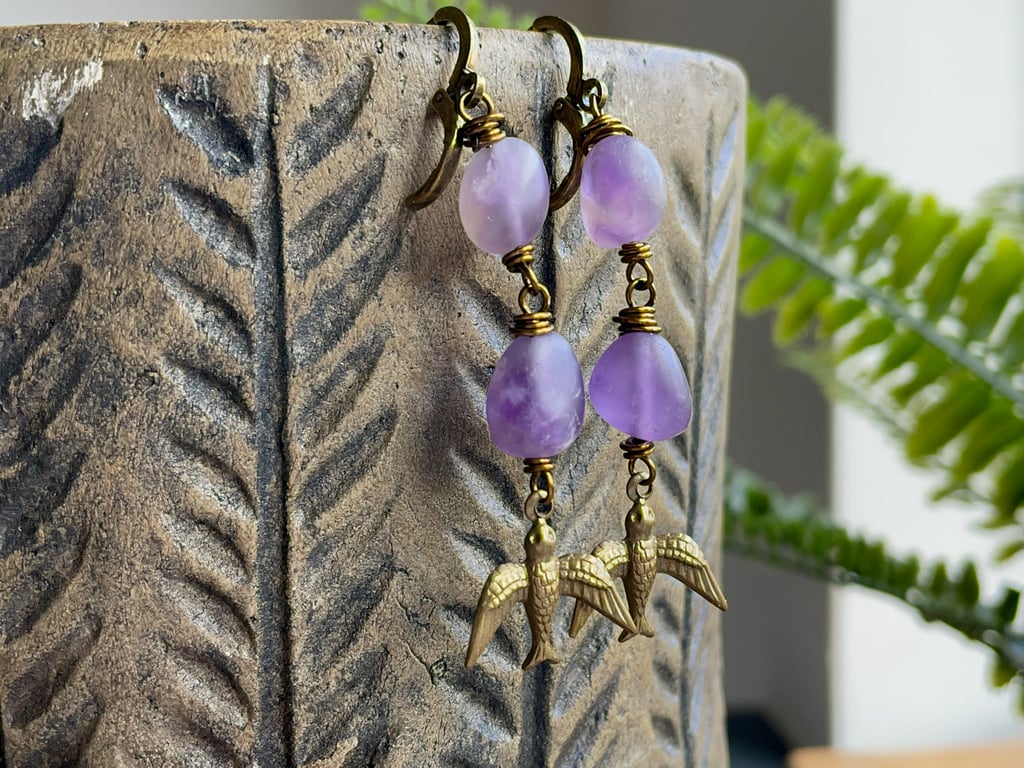 Bohemian Amethyst Purple Stone Earrings with Vintaj Brass Bird Charms