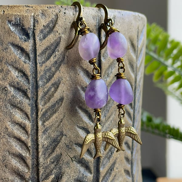 Bohemian Amethyst Purple Stone Earrings with Vintaj Brass Bird Charms