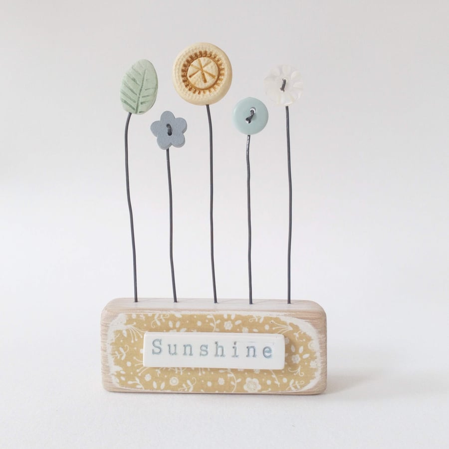 SALE - Clay and Button Flower Garden in a Wood Block 'Sunshine'