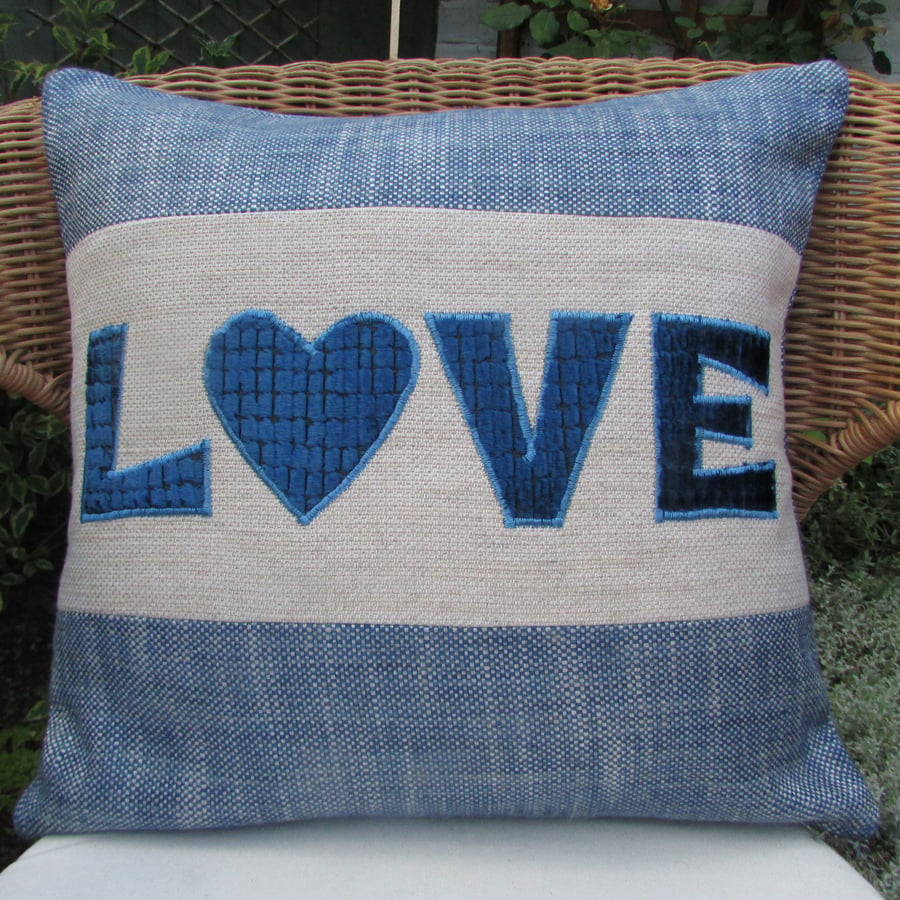 SALE - Blue and cream LOVE appliqued cushion