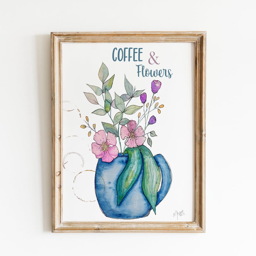 Botanical Art Print Coffee and Flowers, Wall Art, Nature Art, Cottage Core art
