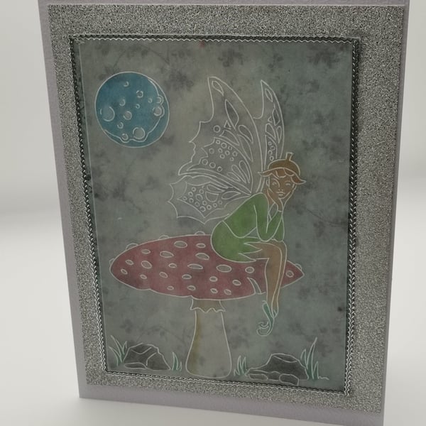 Handmade Embossed Fairy Card - Fairy Sat By Moonlight - Blank Birthday Card 