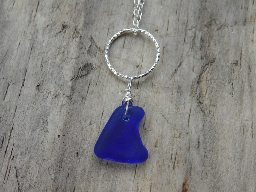 Cobalt Blue Wave Lyme Regis Sea Glass Necklace, Sterling Silver N636