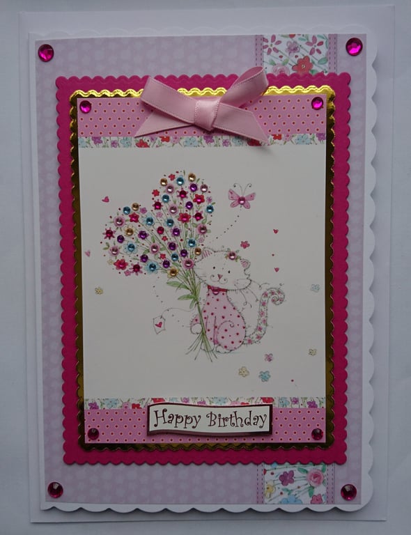 Happy Birthday Card Cute Cat Love Heart Flowers Bouquet 3D Luxury Handmade Card