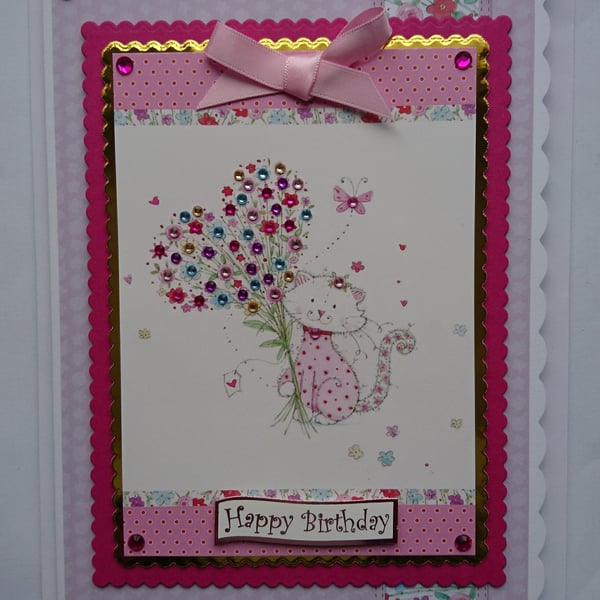 Happy Birthday Card Cute Cat Love Heart Flowers Bouquet 3D Luxury Handmade Card