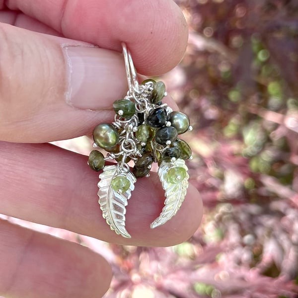 Silver fern earrings with tourmaline peridot and pearl cascade waterfall style