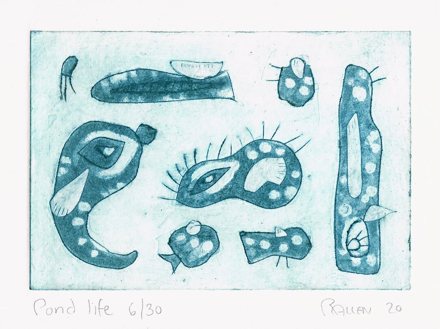 Pond life hand printed collagraph print