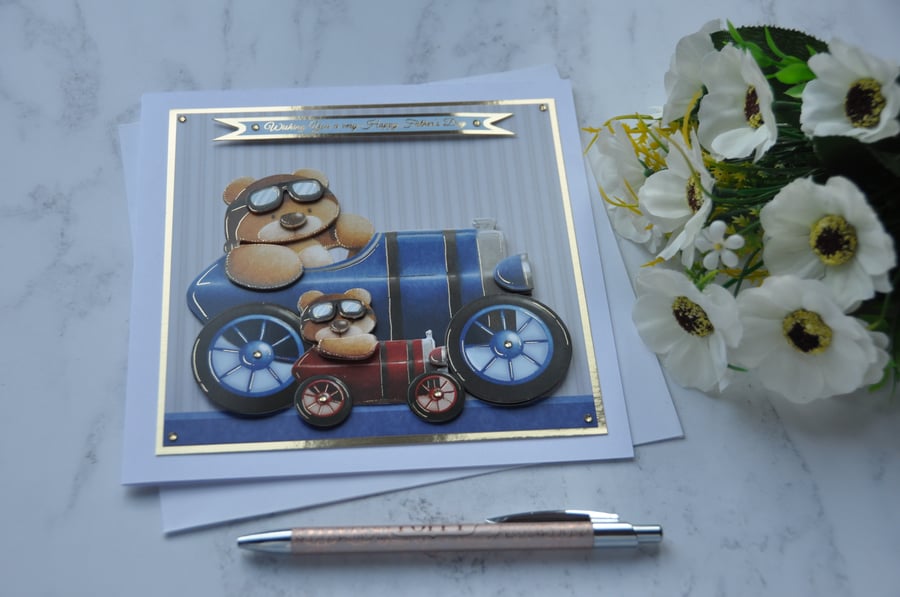 Happy Father's Day Card Vintage Car Teddy Bears Blue Car 3D Luxury Handmade