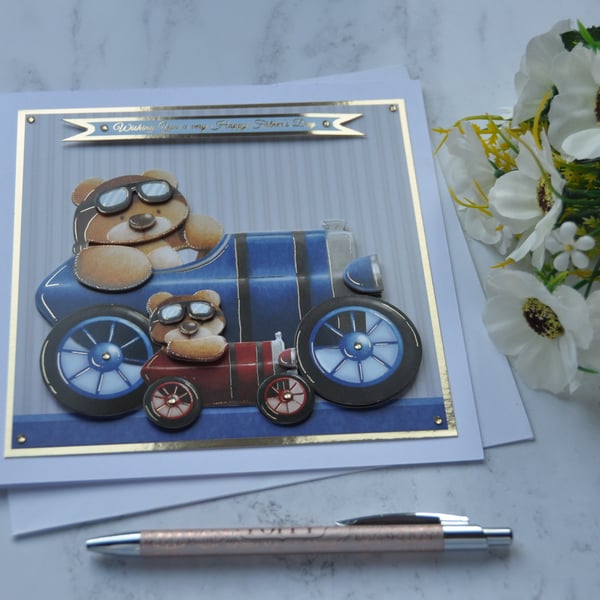 Happy Father's Day Card Vintage Car Teddy Bears Blue Car 3D Luxury Handmade