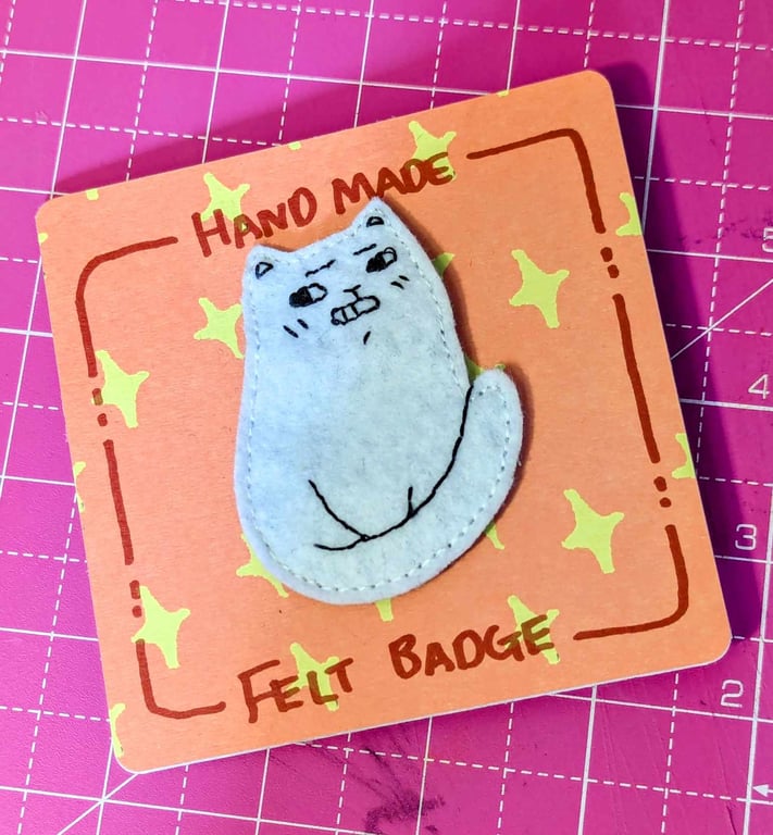 Handmade White Cat felt pin