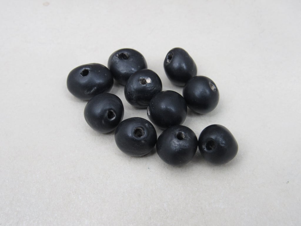 10 Small Coal Black Glazed Clay Beads