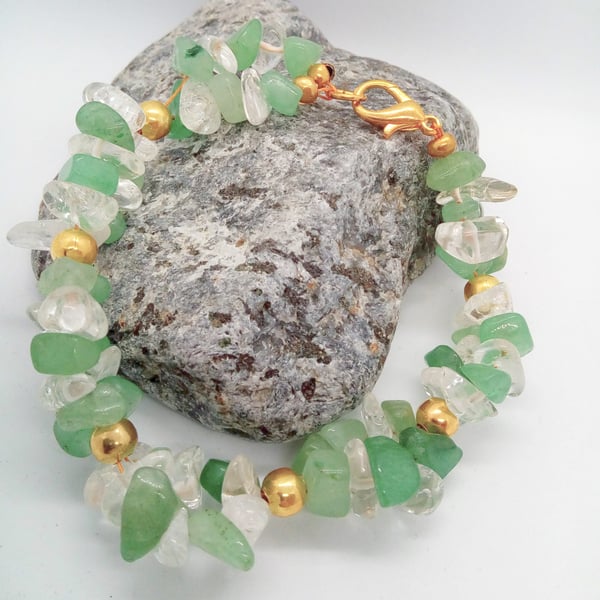 Green Jade & Clear Quartz Chip Bead Bracelet With Gold Plated Spacer Beads