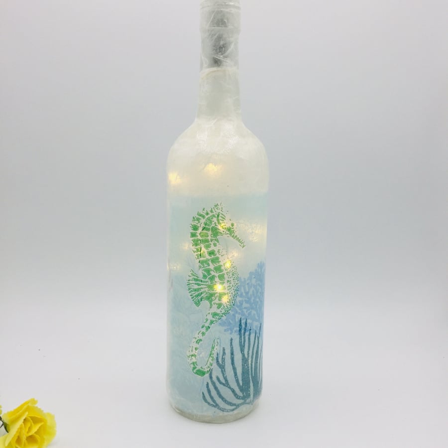 Decoupage bottle light, Seahorse, handmade home decor,