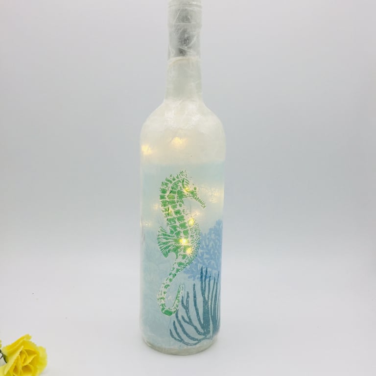 Decoupage bottle light, Seahorse, handmade home decor,