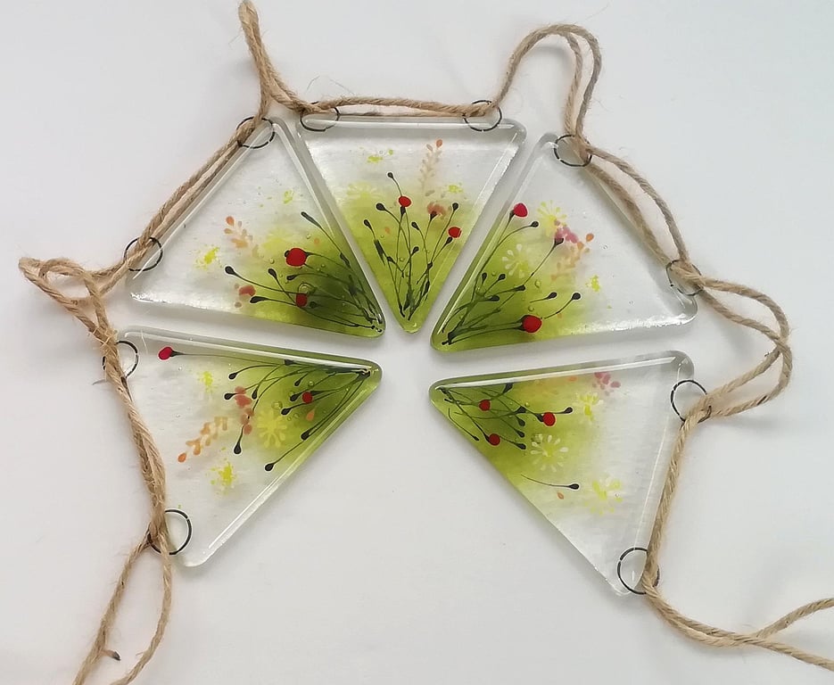 Fused Glass Flower Meadow Bunting: Garden Window Art