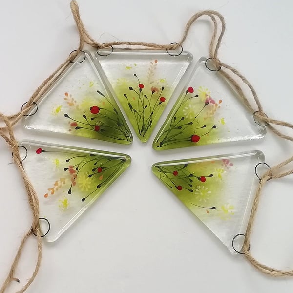 Fused Glass Flower Meadow Bunting: Garden Window Art