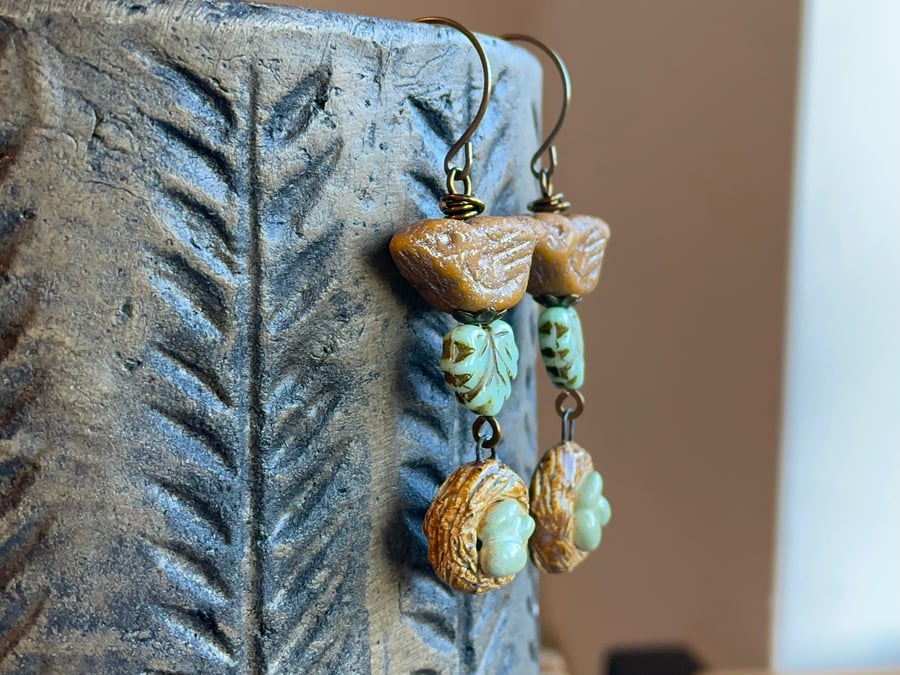 Whimsical Czech Glass Bird Earrings with Artisan Ceramic Bird Nest Charms