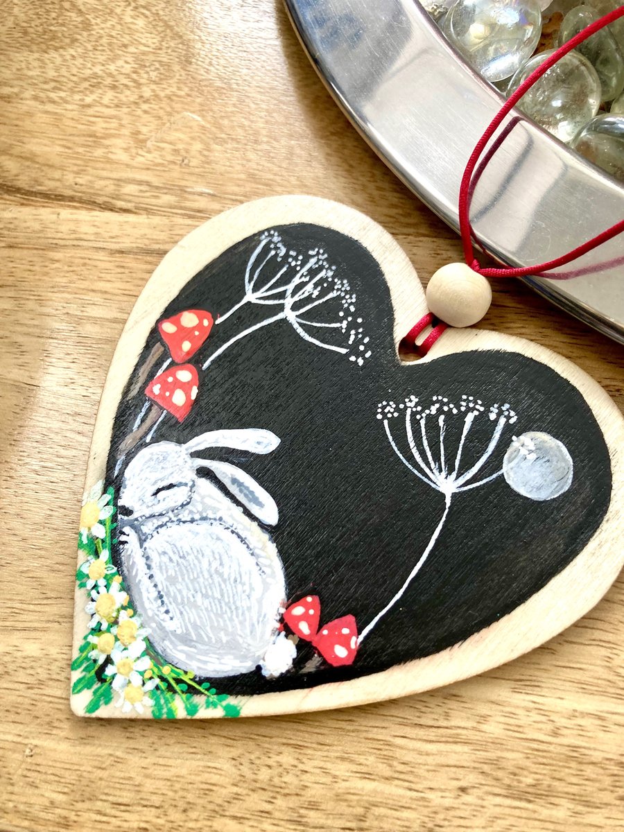 Hanging Heart Decoration Sleeping White Baby Rabbit & Mushrooms Spring Easter