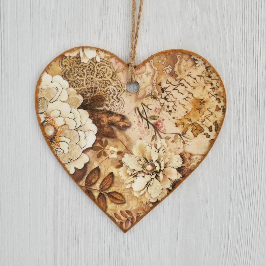 Decoupaged Wooden Hanging Heart 15cm (6”): Beige Flowers design