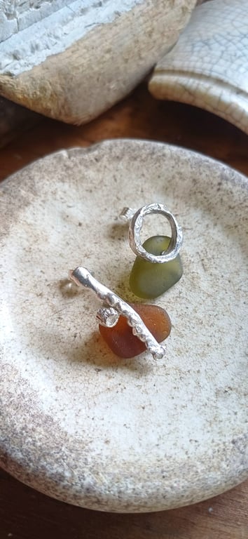 Silver & Sea-Glass, tide-line organic stud earrings