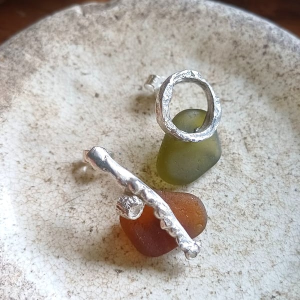Silver & Sea-Glass, tide-line organic stud earrings