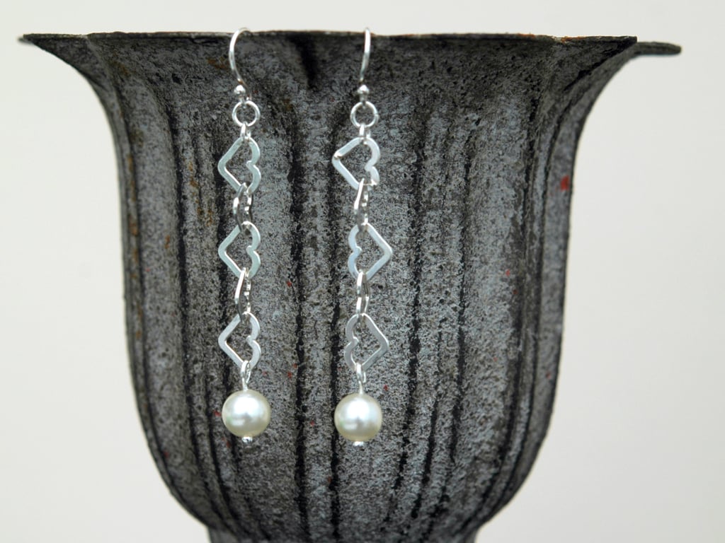 Sterling  Silver Drop Earrings with Pearl and Heart Link Chain