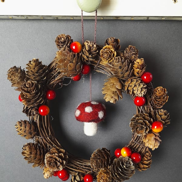 Cute Wreath with Toadstools, Fir Cones and Berries. 