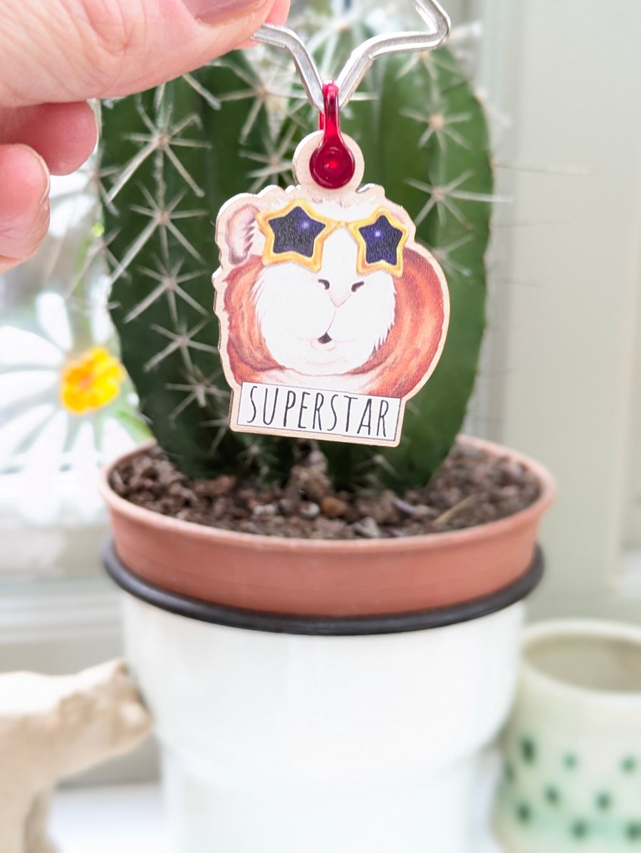 Wooden Guinea Pig SUPERSTAR Keyring