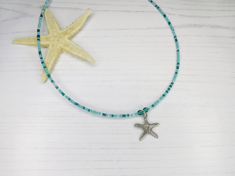 Glass Seed Bead Necklace with Metal Starfish Charm - Turquoise