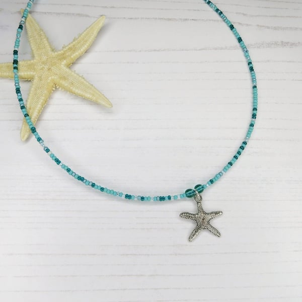 Glass Seed Bead Necklace with Metal Starfish Charm - Turquoise