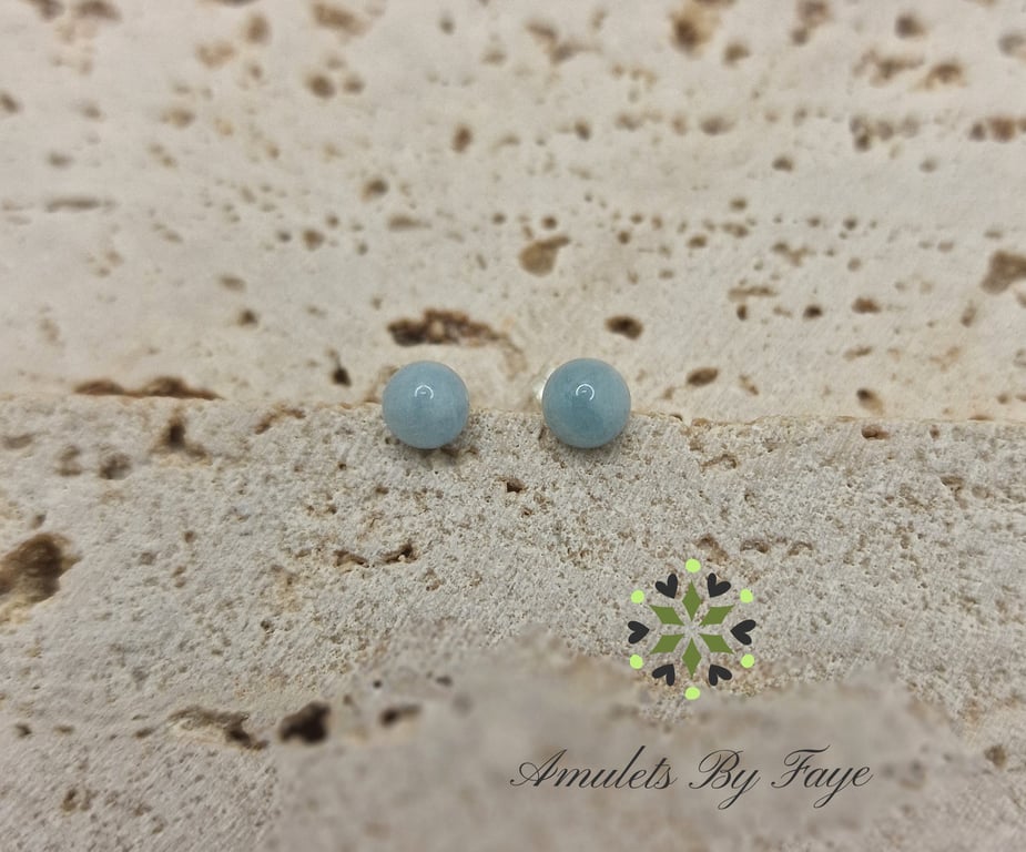 Sterling Silver Stud Earrings with 6mm A Plus Grade Aquamarine Gemstones.