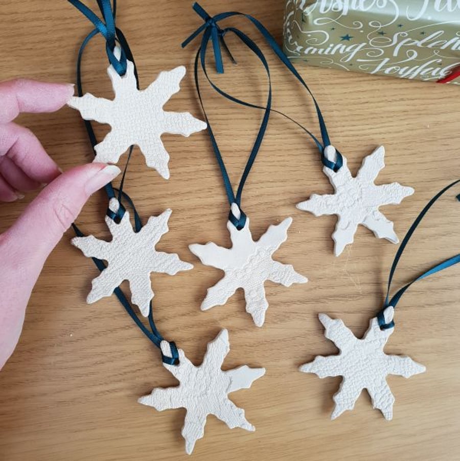 Ceramic Snowflake Hanging Decorations impressed with lace