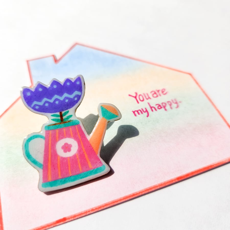 Hand-painted Shrink Plastic Brooch with hand-coloured card