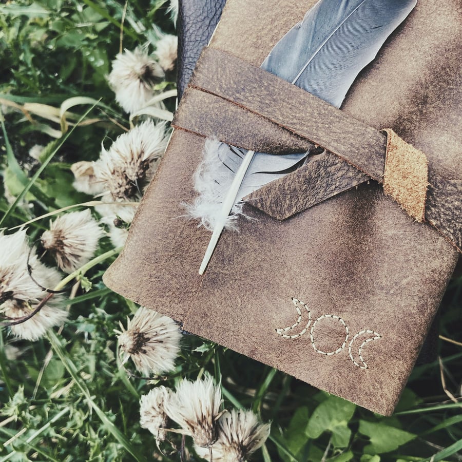 Tri Moon Phase A6 Leather Journal, Celestial Hand Embroidered 6 x 4 Wrap Book