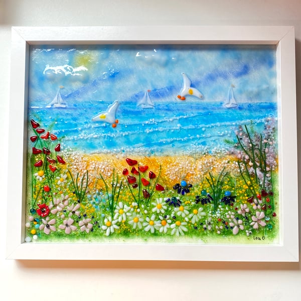 Sea themed “ serenity “ fused glass landscape 