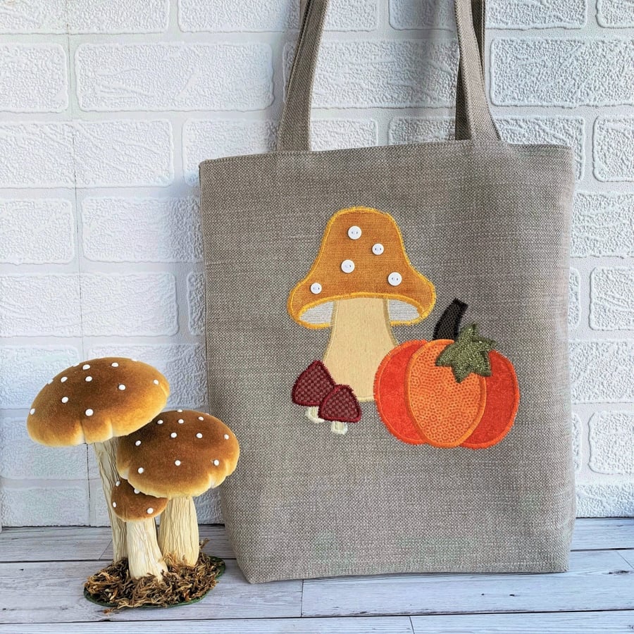 SALE Autumn Tote Bag with Pumpkin and Mushrooms