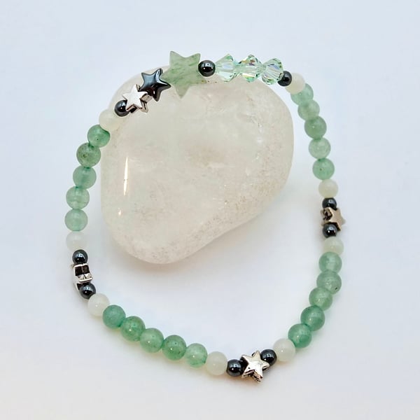 Green Aventurine Bracelet With Stars & Swarovski Crystal, Jewellery Gift For Her