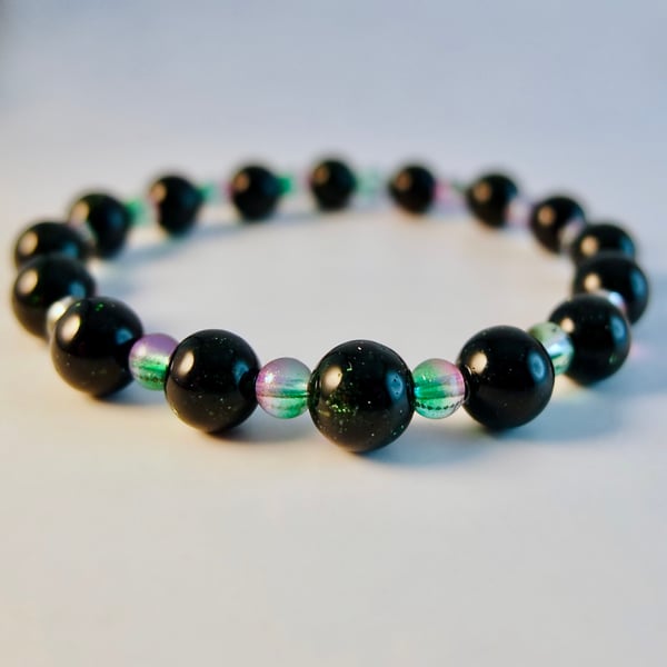 Green Goldstone And Glass Bracelet - Handmade In Devon