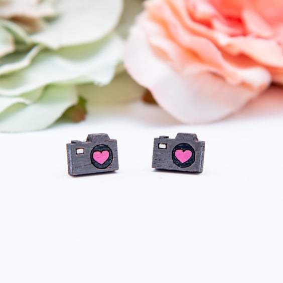 Hand Painted Wooden Camera Earrings, Camera Studs, Photographer Gift
