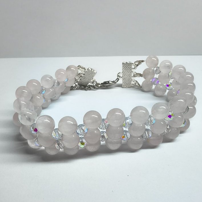 Handmade Rose Quartz & Czech Crystal Triple Strand Statement Bracelet One Off