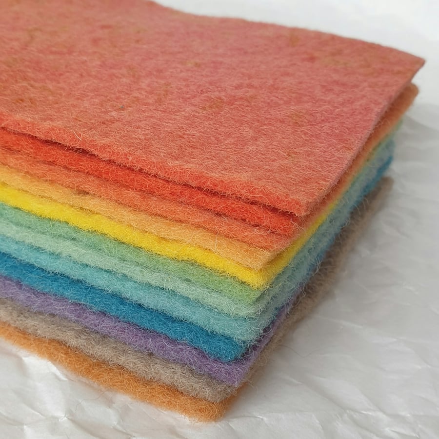 Naturally Dyed Wool Felt Sheets - Pack of 12 Medium Rainbow Brights