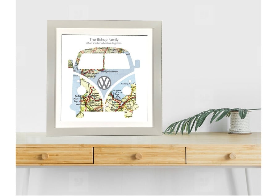 Handmade Map Picture Featuring a VW Campervan - Handcut Framed Picture