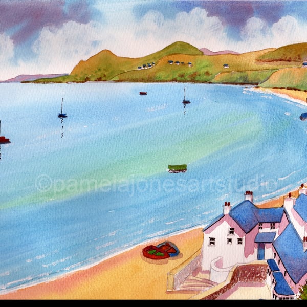 Morfa Nefyn Beach, North Wales, Watercolour Print, in 9 x 7 '' Mount